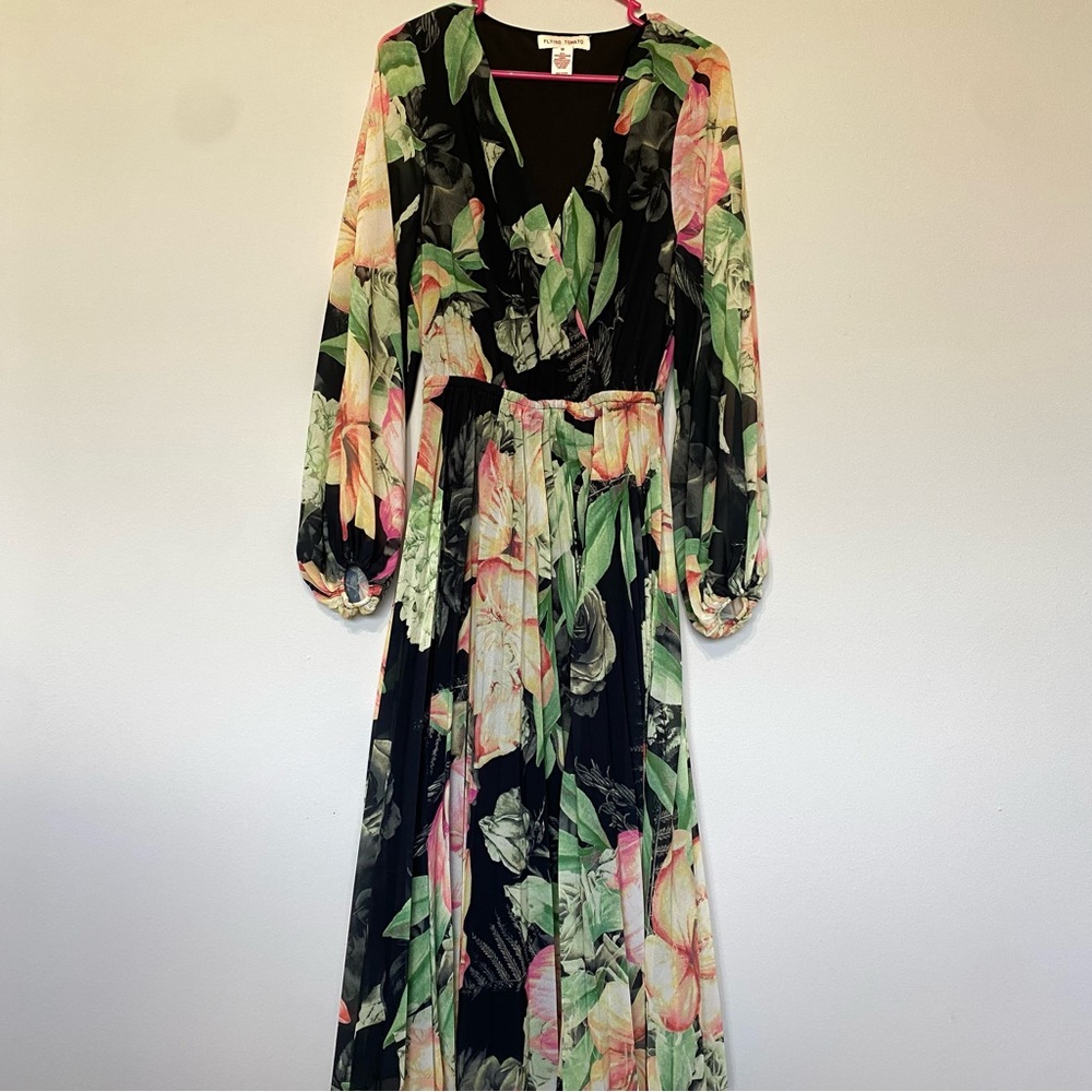 SIZE Medium | Flying Tomato Black and Pink Floral Long Sleeve Midi Dress - Picture 4 of 12
